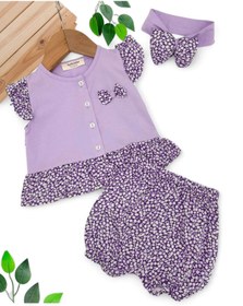 Resim VOY KİDS KIZ BEBEK YAZLIK BANDANALI 6-9-12-18-24 AY ÇİÇEK DESENLİ 3'LÜ ŞIK ŞORTLU TAKIM 