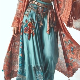 Resim Kadınların Rahat Bel Çiçek Baskılı Geniş Bacak Pantolonları 