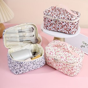 Resim Geniş Kapasiteli Şık Çiçek Desenli Kozmetik Çantası - Çok Bölmeli Taşınabilir Seyahat Makyaj Organizatörü, Dayanıklı Polyester, Kırmızı, Elde Yıkama/Kuru Temizleme, Taşınabilir Tuvalet Çantası | Moda Makyaj Çantası | Güvenli Fermuarlı Kapatma, Seyahat Makyaj Çantası 
