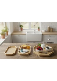 Resim Bambu 3 Lü Tepsi Seti Doğal Bambu Sunum & Servis Tepsisi, Kahvaltı Ve 8gen Dekoratif Tepsi Açık Kahverengi 