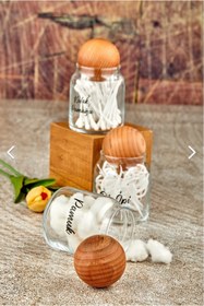 Resim FBZhome 3'lü Ahşap Top Kapaklı Cam Kulak Pamuğu & Diş Ipi & Pamuk Kavanozu 300 ml 