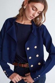 Resim Styleboom X Peraluna KATHY BLAZER Çelik Örgü Crop Kruvaze Blazer Kadın Triko Ceket - Lacivert - Lacivert / L 
