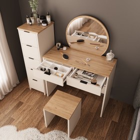 Resim Bimossa U20 Flora Çekmeceli Dolaplı Tabureli Makyaj Masası - Meşe - Kumtaşı 