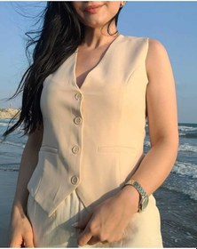Resim Nevege Butik Nevege Kadın V Yaka Dokuma Astarlı Düğmeli Kısa Yelek-krem111 Bej 
