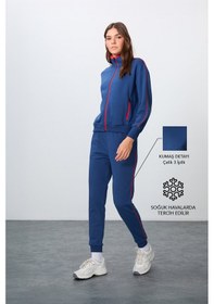Resim Tommy Life Parlament Kompakt Pamuklu Kalın Pürüzsüz Dokulu Dik Yaka Oversize Fit Kadın Eşofman Takım - 95340 Parlament Parlament Mavisi 