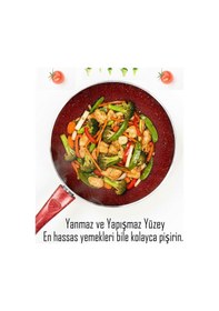 Resim Bonetti Granit Kırmızı Wok Tava 26 Cm Yapışmaz Yüzey Kırmızı 