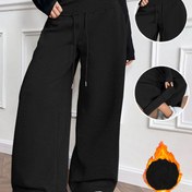 Resim Kadınlar İçin Termal Astarlı Kış Pantolonu - İp Beli, Düz Kesim Bol Kesim Günlük ve Resmi Giyimler için Ağır Gramaj, Makinede Yıkanabilir Soğuk Hava Pantolonları, Rahat Giysi, Tek Renk Tasarım, Yumuşak Dokuma Kumaş 