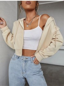 Resim Kadın Krem Crop Fitted Kapşonlu Zip Fermuarlı Polar Hırka Sweatshirt Krem 
