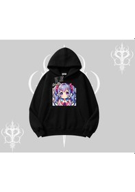 Resim Kapşonlu Sweatshirt Hello Anime Kız Sevimli Karakter Baskılı Siyah 
