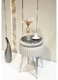 Resim Bianco Metal Ayaklı Puflu Zigon Sehpa Krom Bej Chrome Beige 