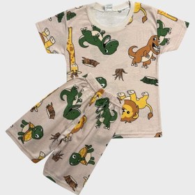 Resim Aliş Kids Erkek Çocuk Pamuklu Bej Rengi Safari Desenli Kısa Kollu Şortlu Yazlık Pijama Takımı 