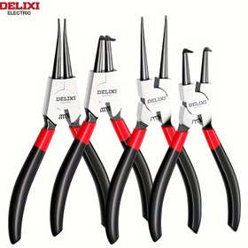 Resim DELIXI ELECTRIC Ağır Hizmet Tipi Kilit Halkası Pense Seti: 12.7cm, 17.78cm, 22.86cm Boyutlar, İç/Dış, Düz/Bükülmüş, Karbon Çelik, Dayanıklı Kaplama, Siyah/Kırmızı Saplar - Endüstriyel El Aletleri 