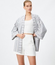 Resim Koton Keten Karışımlı Kimono Cep Detaylı Yarım Kollu Çizgili Multi Renkli 3sak50039ew 3SAK50039EWCSM Çok Renkli 