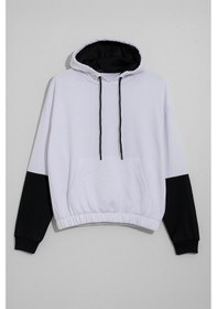 Resim Kadın Kapüşonlu Cepli Siyah-beyaz Crop Sweatshirt Beyaz 