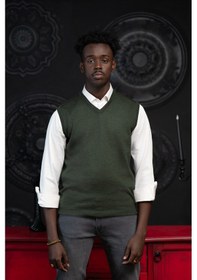 Resim V Yaka Regular Fit Yünlü Kolsuz Triko Süveter Yeşil 