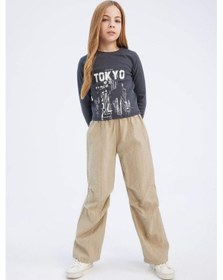 Resim DeFacto Kız Çocuk Beli Lastikli Düz Paça Paraşüt Pantolon D7605A825SMBG414 Bej 