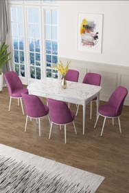 Resim Canisa Zen Serisi 80x132 Mdf Açılabilir Beyaz Mermer Desen Masa Takımı Ve 6 Mor Sandalye 