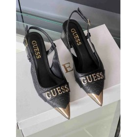 Resim Evlium Guess Logolu Siyah Kadın Topuklu Sandalet - Metal Burun Detaylı Slingback Ayakkabı 