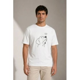 Resim Marsilyan Erkek Köpek Figürlü Minimal Baskılı Tişört Kısa Kol Yazlık T-Shirt - Beyaz 