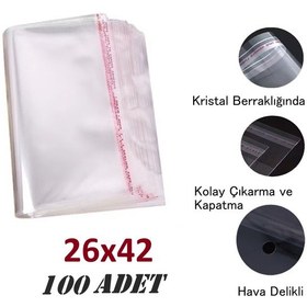 Resim 26x37+5 Berrak O.p.p. Toz Tutmayan Yapışkan Bantlı Saklama Poşeti 100 Adet 