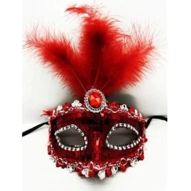 Resim Kırmızı Payetli Pullu Tüylü Parti Maskesi 