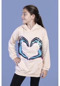 Resim Toontoy Kız Çocuk Kapüşonlu Kanguru Cepli Baskılı Sweatshirt Pudra 