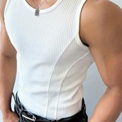 Resim Erkekler için Dar Kesim Kaburga Desenli Atlet - Yazlık Esnek, Bisiklet Yaka, Kolsuz Antrenman Gömleği, Yüksek Kaliteli Polyester, Makinede Yıkanabilir - Beyaz 