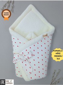 Resim Kışlık Bebek Battaniyesi Kundağı Kalp Desenli İç Kısmı Polarlı Hastane Çıkışı Yenidoğan Örtü Çok Renkli 
