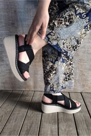 Resim Seka Shoes Kadın Siyah Çapraz Lastikli Dolgu Sandalet S-632442 