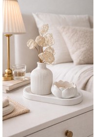 Resim Mevidecor 3 Lü Dekoratif Set Çizgili Vazo & Lotus Mumluk & Oval Tepsi Modern Masa Üstü Dekor Beyaz 