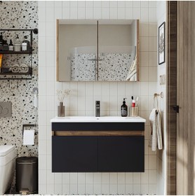 Resim ROOMART '' Lavabolu '' Atlantik - Antrasit Mat Mdf 85 Cm Alt Dolap Aynalı Üst Dolap 