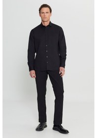Resim AC&Co / Altınyıldız Classics Erkek Sıyah %100 Pamuk Regular Fit Normal Kesim Küçük İtalyan Yaka Armürlü Gömlek Siyah 