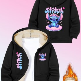 Resim Stitch Sevimli Çizgi Baskılı Kızlar Kapüşonlu Sweatshirt, Sonbahar Kış Polar Astarlı Kalınlaştırılmış Uzun Kollu Fermuarlı Çocuk Kazak Cep Detaylı Günlük ve Açık Hava Etkinlikleri İçin 
