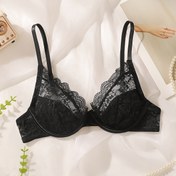 Resim 1 adet Şık Siyah Dantel Push-Up Sütyen - Sweetheart Stil, Alt Çelik Yok, Yetişkinler İçin Düz Renk Tasarımı, Dantel Detay, Dolgu Yok, Günlük Giyim İçin Mükemmel 