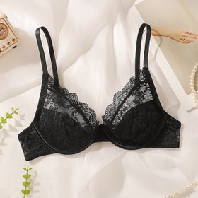 Resim 1 adet Şık Siyah Dantel Push-Up Sütyen - Sweetheart Stil, Alt Çelik Yok, Yetişkinler İçin Düz Renk Tasarımı, Dantel Detay, Dolgu Yok, Günlük Giyim İçin Mükemmel 