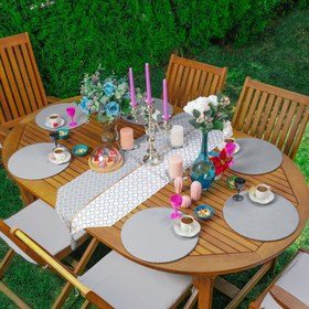 Resim Gri ve Beyaz Ogea Desenli Püsküllü Runner ve 6lı Gri Düz Renk Supla - Servis Altlığı 