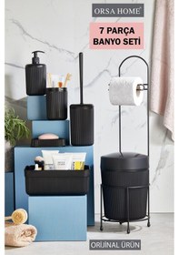 Resim 7 Parça Siyah Banyo Seti Metal Stantlı Kovalı Wc Kağıtlık Kozmetik Kutusu Diş Fırçalık Ve Sabunlukla 