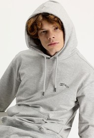Resim Orta Gri Melanj Kapüşonlu Baskılı Pamuklu Sweatshirt 