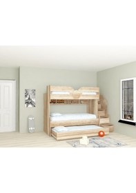 Resim 2Aevmoduler Mdflam Çekmeçeli Ahşap Desenli Ranza 3 Kişilik 