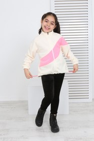 Resim Toontoy Kız Çocuk Dik Yaka Fermuarlı Renk Bloklu Reglan Kol Polar Hırka - Beli Ayarlanabilir Lastikl 