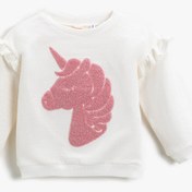 Resim Kız Bebek Kabartmalı Unicorn Baskılı Kolu Fırfırlı Sweatshirt Pamuklu 