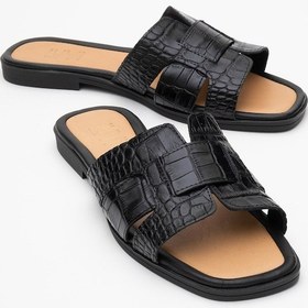 Resim Luvi Shoes Notre Siyah Baskı Hakiki Deri Kadın Terlik Siyah 
