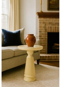 Resim Doğal Masif Ahşap Krem Tekli Yan Sehpa Modern Mantar Form Tasarımı Bej 