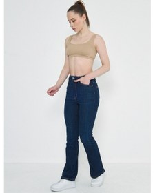 Resim Kutaf Lacivert Dikiş Detaylı Flare Kadın Kot Pantolon Denim 