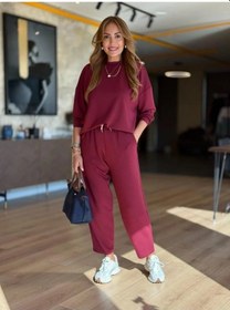 Resim Tua Moda Kadın Uzun Kollu Bisiklet Yaka Viskon Iki Iplik Bluz Ve Pantolon Ikili Takım Bordo 