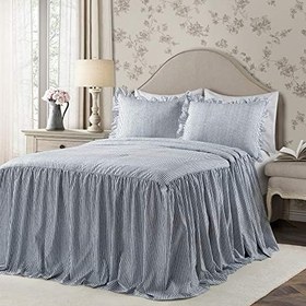Resim Lush Decor Tik Çizgili Yatak Örtüsü Lacivert Vintage Şık Çiftlik Evi Tarzı Hafif 3 Parça Takım Kraliçe, Polyester 