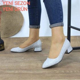 Resim Kadın Ayakkabı Simli Sitiletto Kısa Topuklu Klasik Günlük Ayakkabı 3 cm 