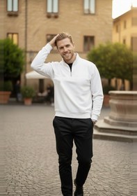 Resim Deepsea Erkek Beyaz Relax Fit İçi Polarlı %100 Pamuk Yarım Fermuarlı Dik Yaka Sweatshirt 2600760 Beyaz 