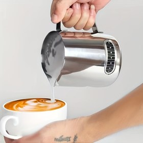 Resim 1 Adet, Paslanmaz Çelik Süt Köpürtme Sürahisi (3.6''x4.3''/9.2cm*11cm), Cappuccino Kahve Sanatı Kasesi, Sıcaklık Göstergesi, Hassas Dökme Ağız, Latte Art, Espresso Makinesi Aksesuarı Için Barista Aracı 