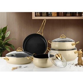 Resim Lines 9 Parça Seramik Güveç Tencere Seti Altın Kulp - 152.4.07.091-Krem 